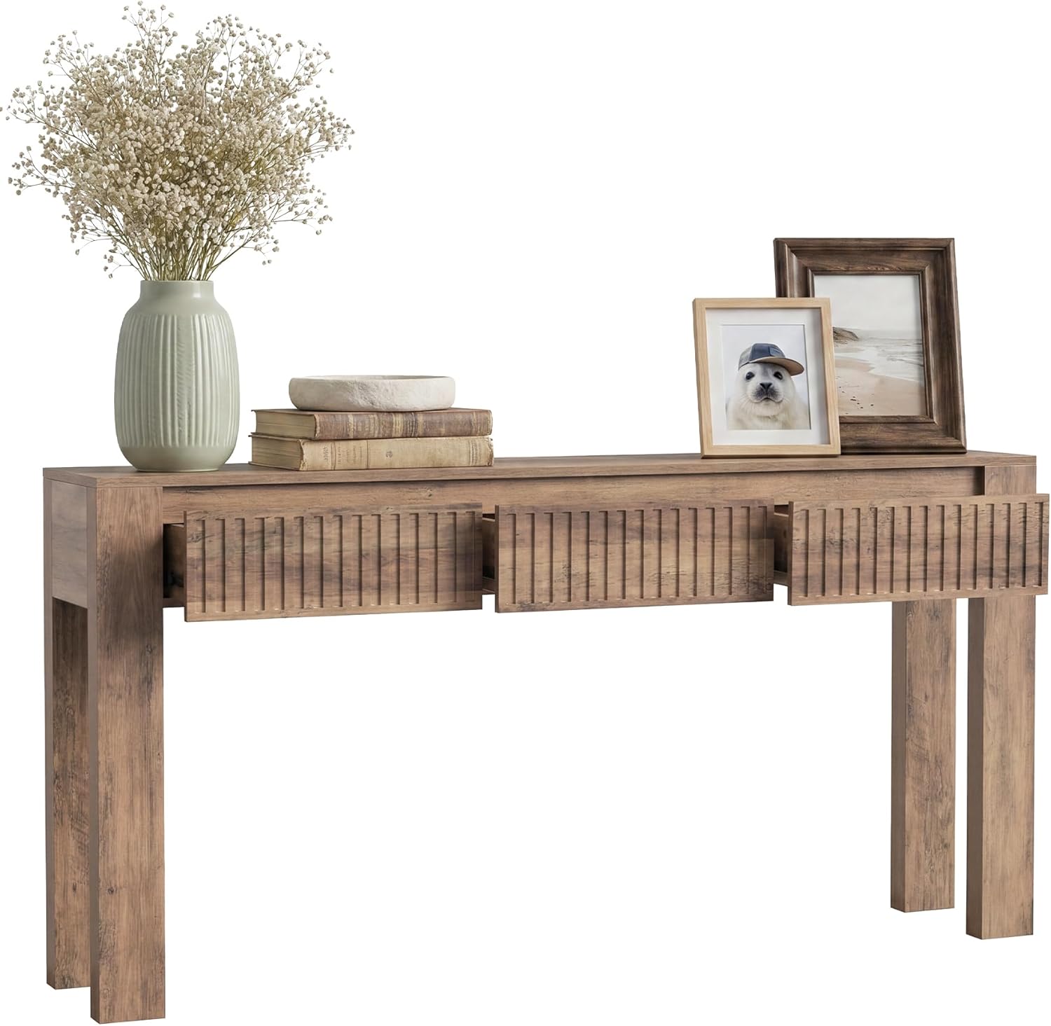 LITTLE TREE 63 Inches Long Console Table with 3 Drawers, Brown Sofa Table Behind Couch for Living Room, Wooden Hallway Foyer Entry Table for Entrance