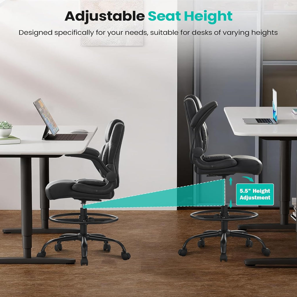 Drafting Chair, Tall Office Chair for Standing Desk, 500Lbs PU Leather Ergonomic Chair with 90 °Flip-up Armrests, Adjustable Foot Ring & Height, for Home, Drawing, or Counter Use(Black)