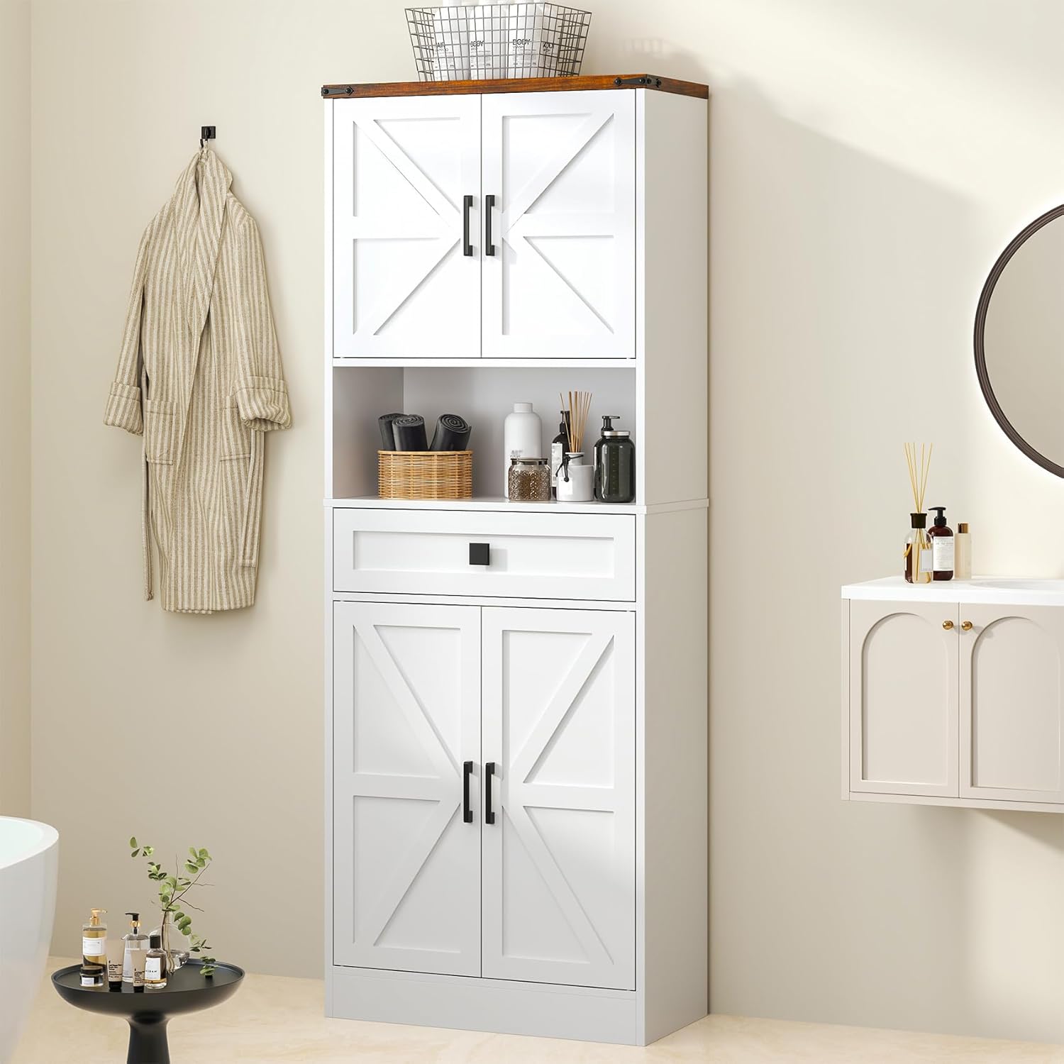 67" Tall Farmhouse Pantry Cabinet with Drawer,Small Storage Cabinet for Kitchen Bathroom Dining Room Kitchen (White, 11.8" D x 23.6" W x 67" H)