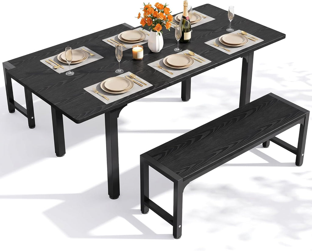 Ahomly 63“ Large Extendable Dining Table Set for 4-6 with 180° Smart-Flip Pivot, Kitchen Table Set with Bench, Dining Room Table with Metal Frame & MDF Board, Perfect for Small Space, Black