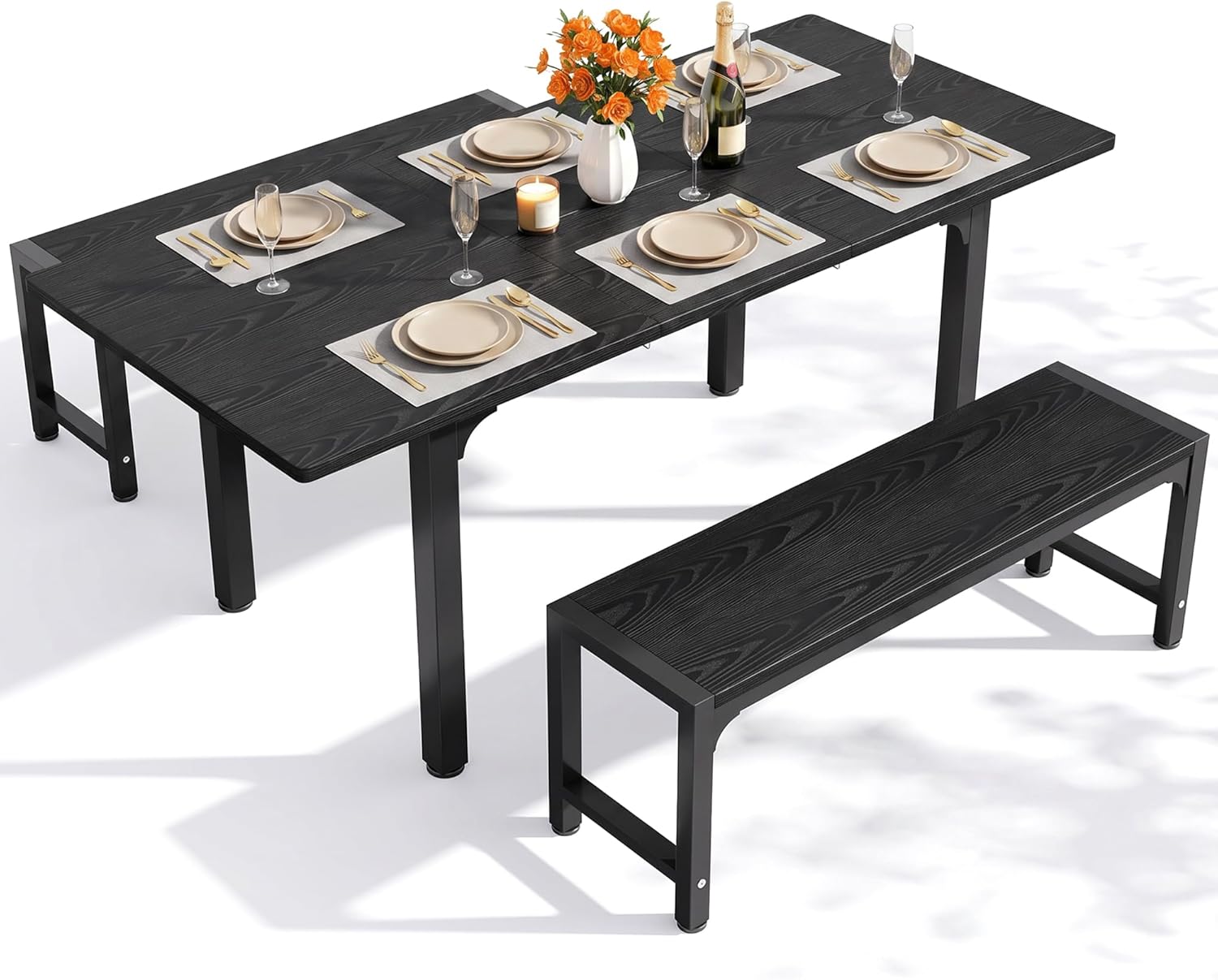Ahomly 63“ Large Extendable Dining Table Set for 4-6 with 180° Smart-Flip Pivot, Kitchen Table Set with Bench, Dining Room Table with Metal Frame & MDF Board, Perfect for Small Space, Black