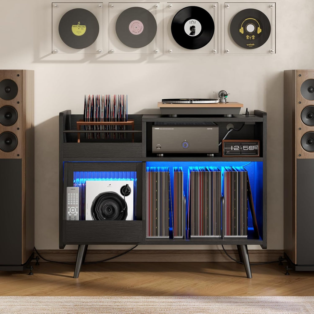 Upgraded Large Black Record Player Stand -Turntable Stand Shelf with with Power Outlet and LED Light,Vinyl Record Storage Cabinet Up to 350 Albums,Wood Record Player Holder Table for Living Room