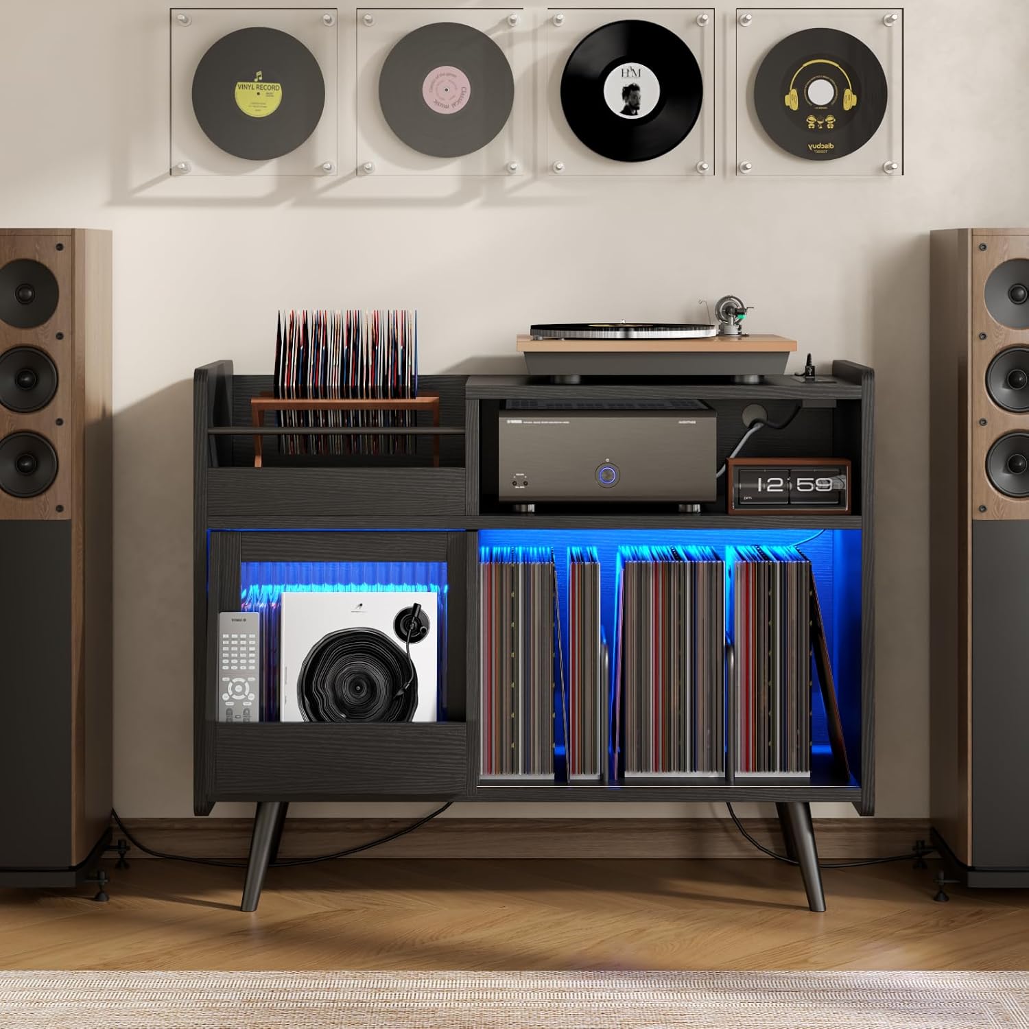 Upgraded Large Black Record Player Stand -Turntable Stand Shelf with with Power Outlet and LED Light,Vinyl Record Storage Cabinet Up to 350 Albums,Wood Record Player Holder Table for Living Room
