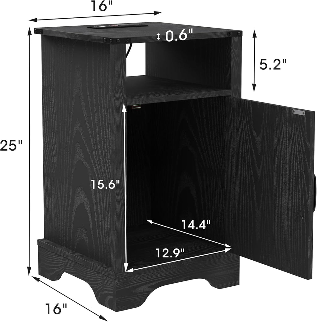 FansaFurn Farmhouse End Table with Charging Station Set of 2, Rustic Night Stand with Storage Cabinet and Shelf, Tall Wooden Bedside Table for Bedroom, Living Room, Black
