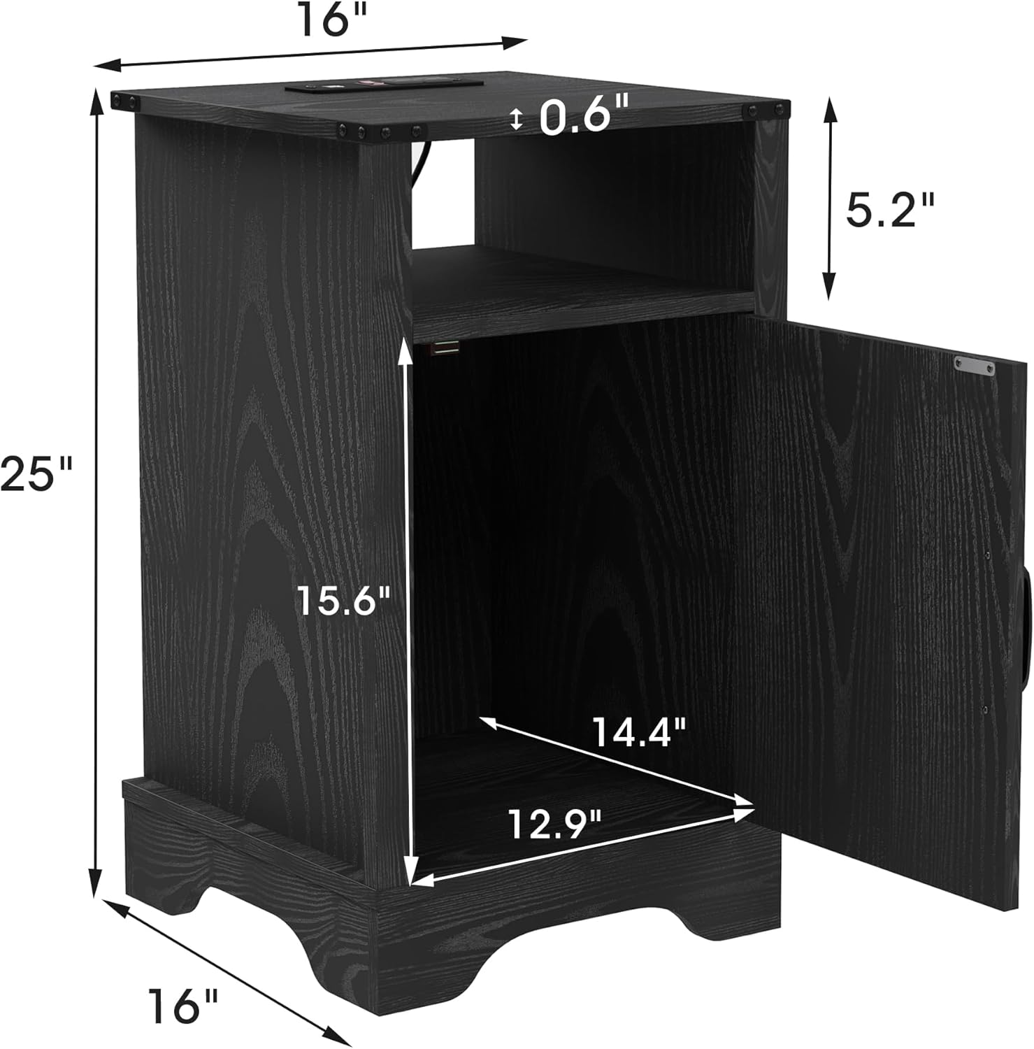 FansaFurn Farmhouse End Table with Charging Station Set of 2, Rustic Night Stand with Storage Cabinet and Shelf, Tall Wooden Bedside Table for Bedroom, Living Room, Black
