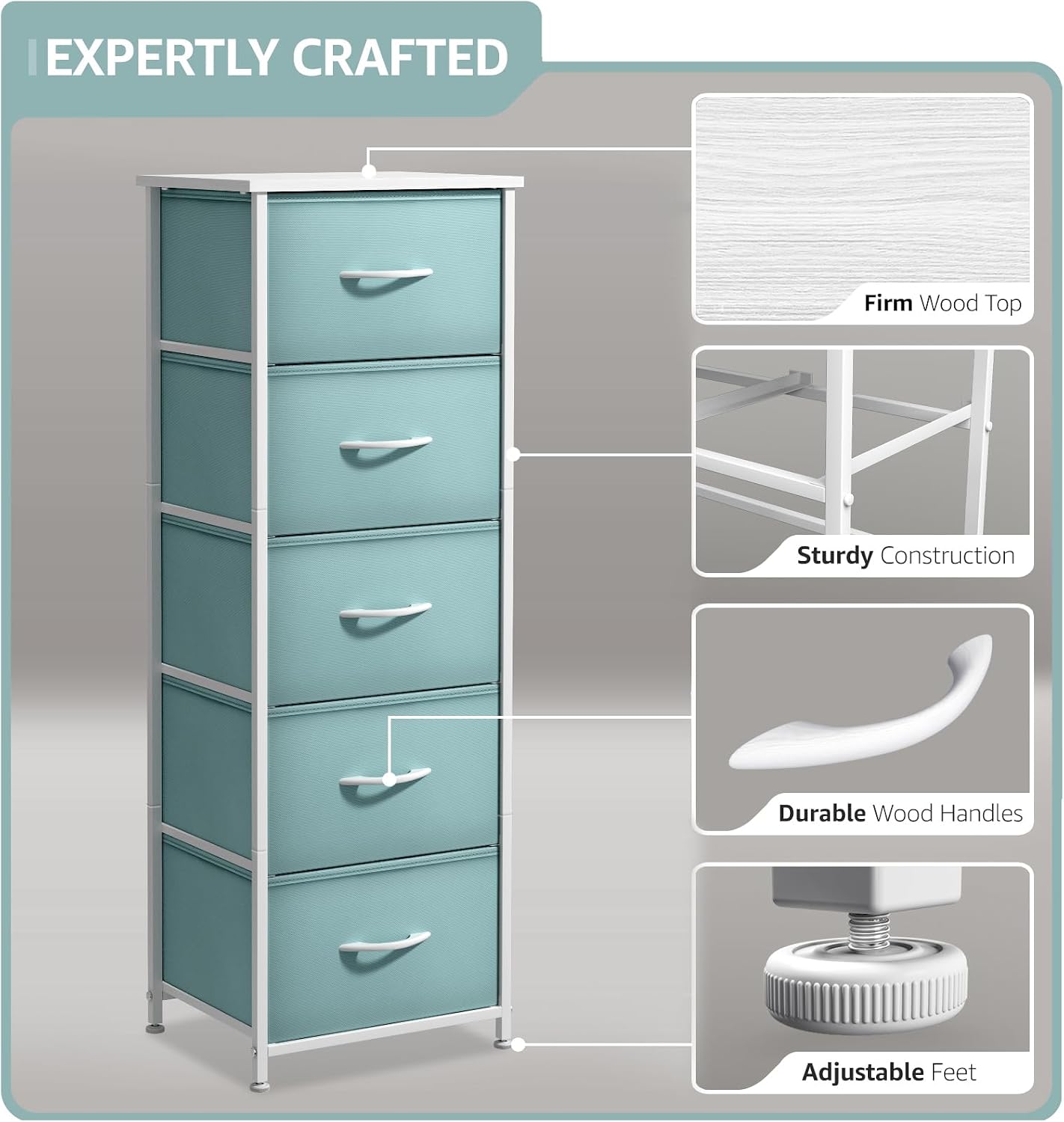 Sorbus Fabric Dresser for Kids Bedroom - Chest of 5 Drawers, Tall Storage Tower, Clothing Organizer, for Closet, for Playroom, for Nursery, Steel Frame, Fabric Bins - Wood Handle (Aqua)