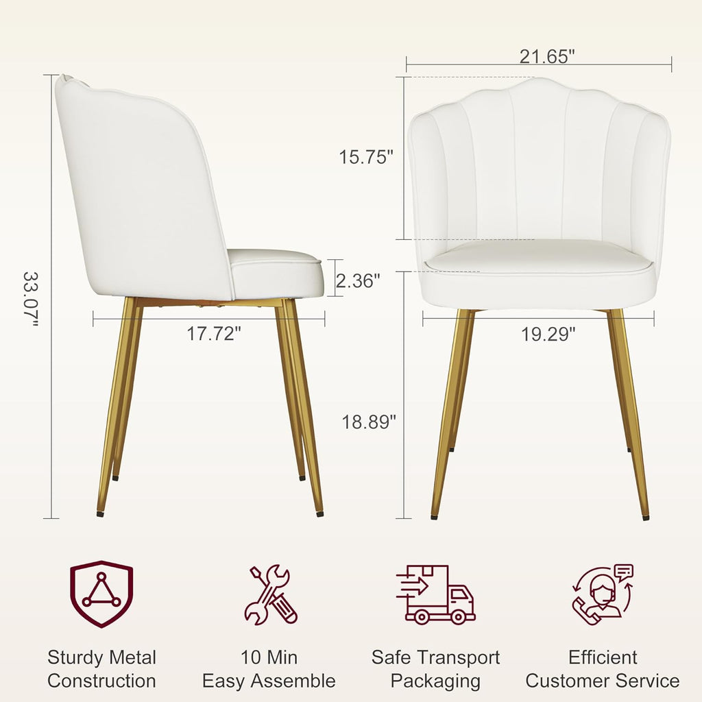 VECELO Velvet Dining Chairs Set of 2, Modern Upholstered Kitchen Chairs with Thick Cushions, Curved Padded Backrest and Metal Legs, for Kitchen, Dining Room, Living Room, White