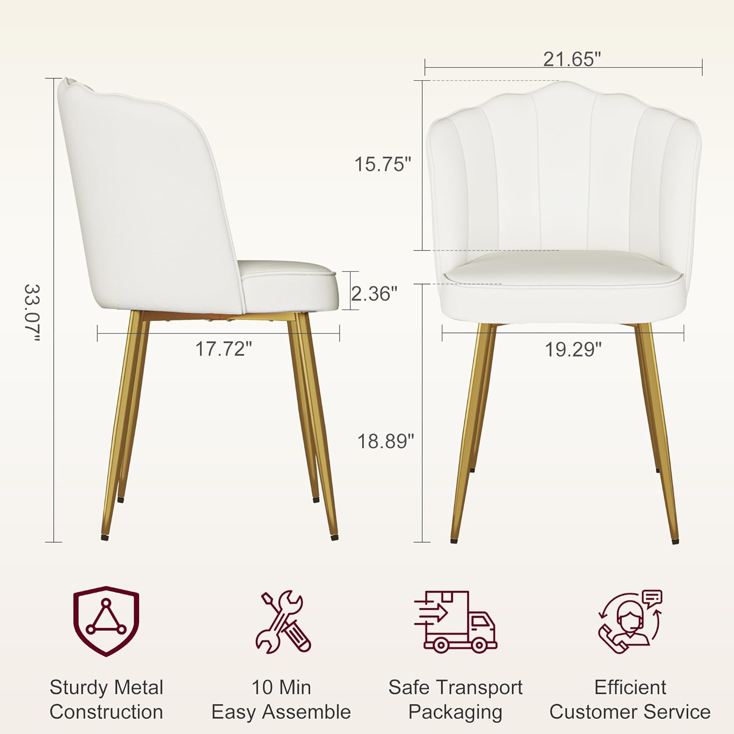 VECELO Velvet Dining Chairs Set of 2, Modern Upholstered Kitchen Chairs with Thick Cushions, Curved Padded Backrest and Metal Legs, for Kitchen, Dining Room, Living Room, White