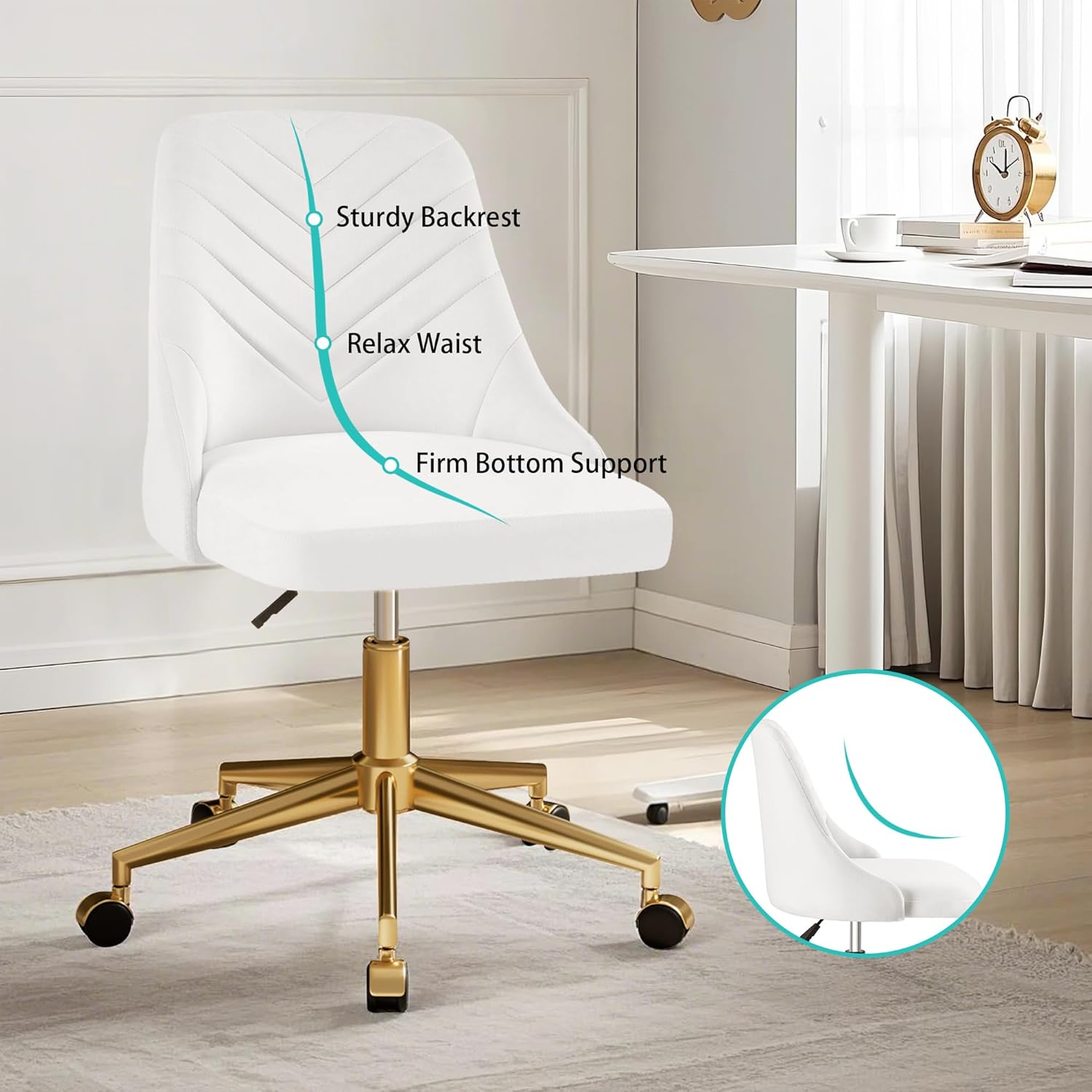 VECELO Velvet Vanity Desk Chair with Height-Adjustable for Office Living Room Bedroom Make Up Study, 360°Swivel, Wheeled Gold Base, Pearl White