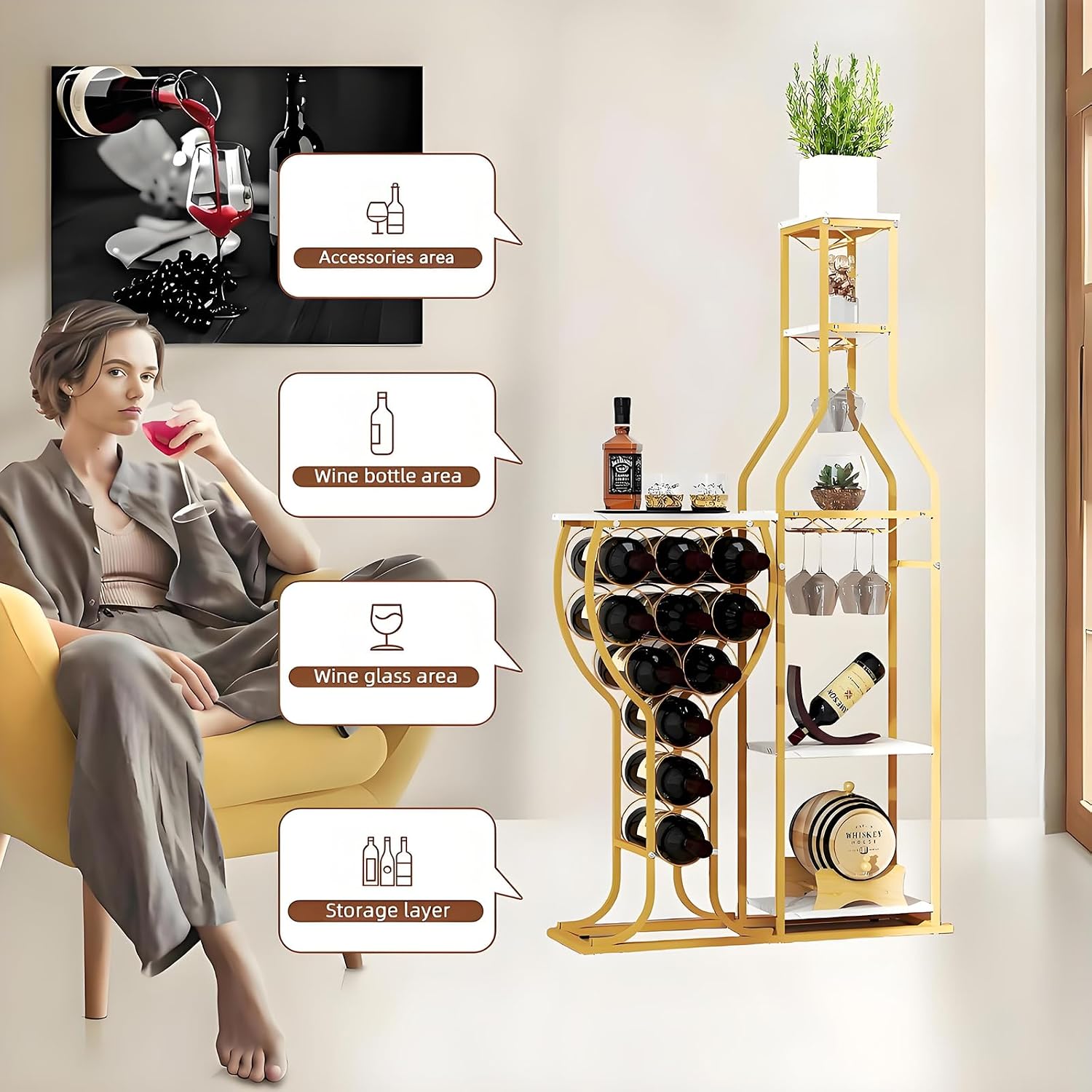 5-Tier Wine Rack Freestanding Floor, 11 Bottles Modern Wooden Wine Holder-Storage Cabinet for Home Bar, Kitchen, Dining Room Space Saving Bar Stand with Easy Assembly.(Gold/White)