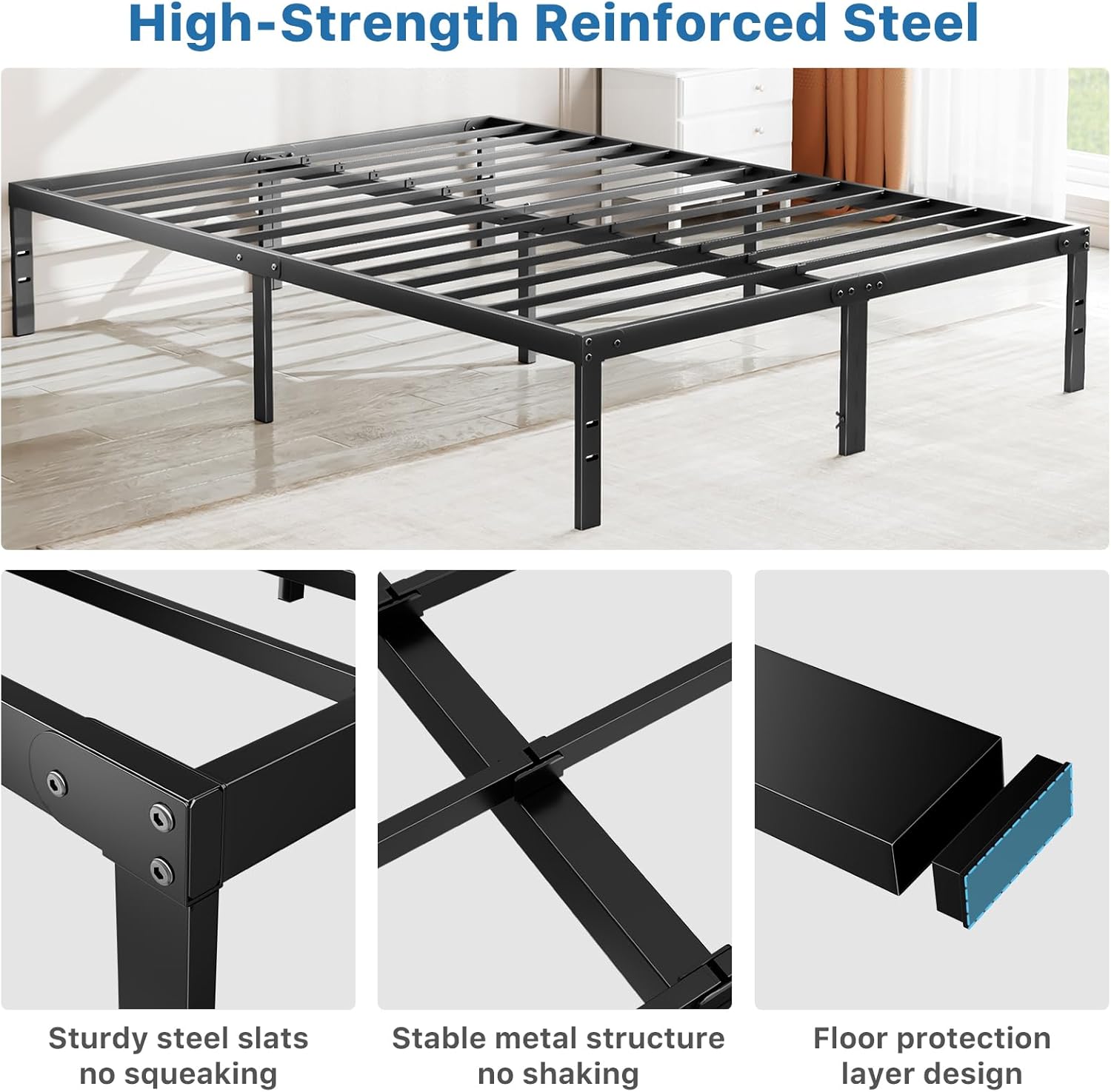 OLIXIS Metal Queen Bed Frame - 14in High with Storage Space, No Box Spring Needed with Sturdy Steel Slat Support, 2200LBS Heavy Duty for Easy Assembly, Black for Bedroom