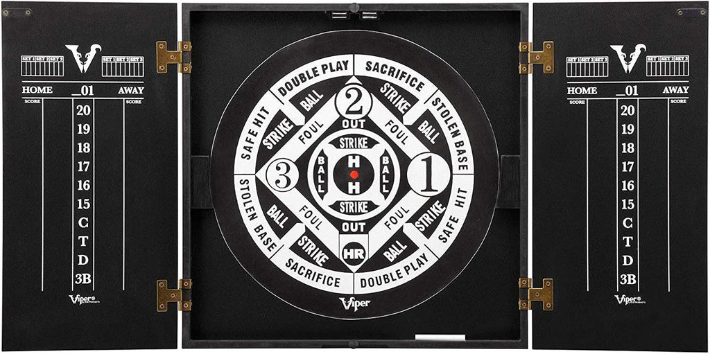 Viper Hideaway Dartboard Cabinet Set with Steel-Tip Dart Board, Reversible Board with Baseball Game Option, Two Sets of Darts, Chalk Scoreboards, and Matte Black Finish
