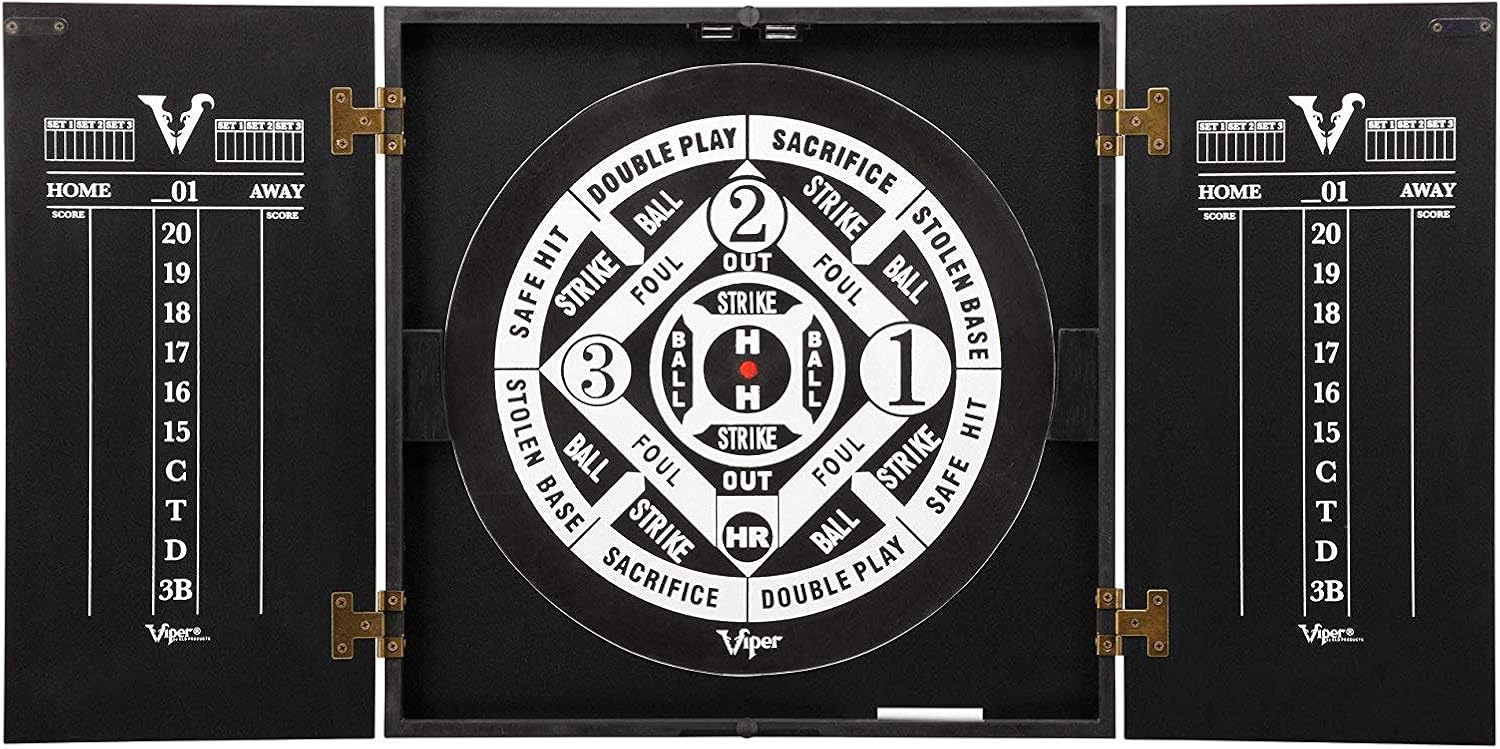Viper Hideaway Dartboard Cabinet Set with Steel-Tip Dart Board, Reversible Board with Baseball Game Option, Two Sets of Darts, Chalk Scoreboards, and Matte Black Finish