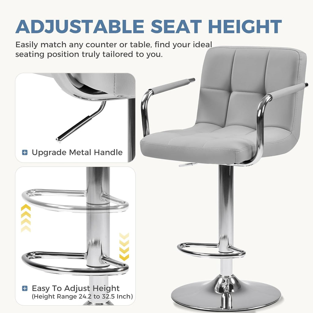 DUMOS Bar Stools Set of 2, Adjustable Swivel Bar Chairs with Padded Armrests and Ergonomic Backrest for Kitchen Island Counter Pub Dining Room, Water-Resistant PU Leather, Grey