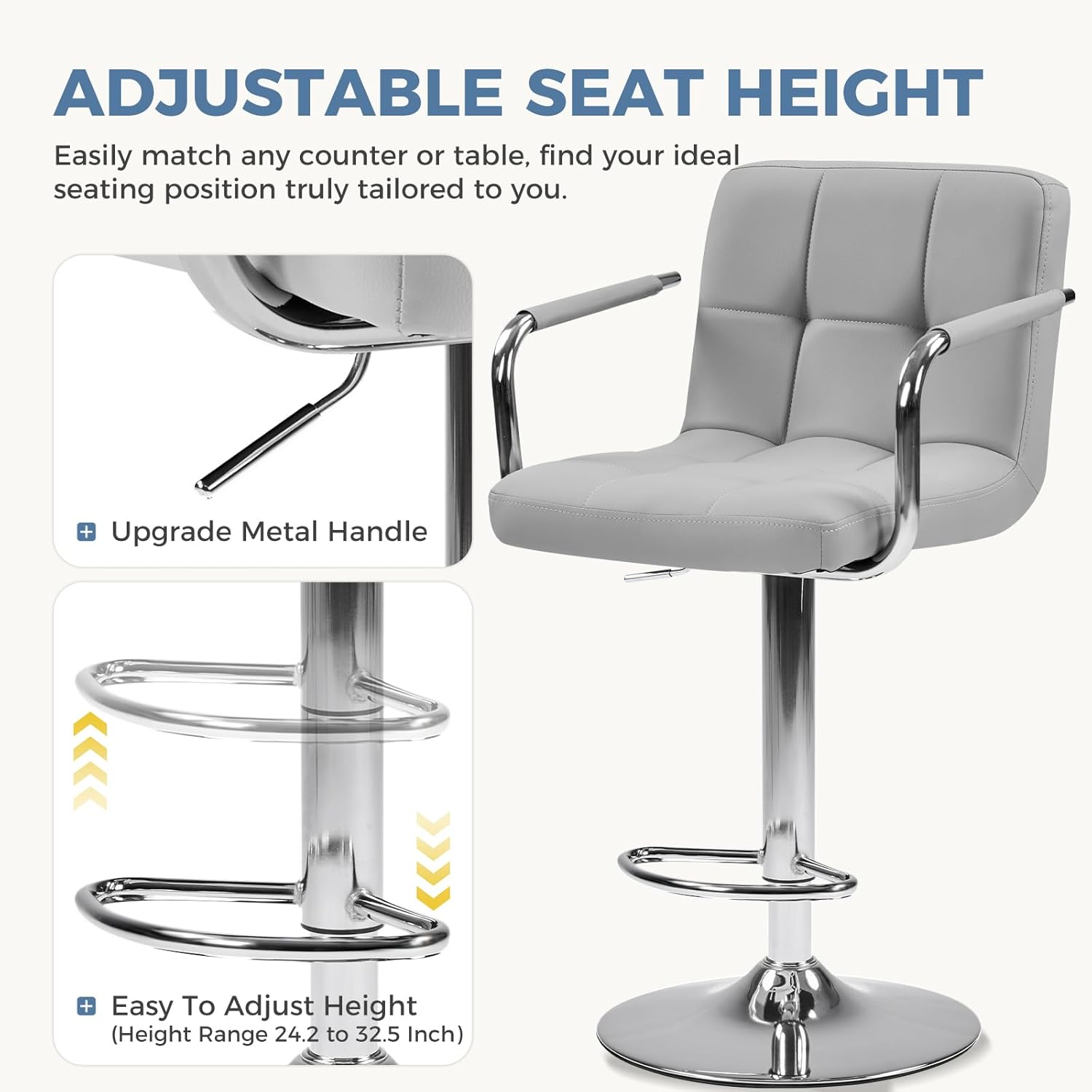 DUMOS Bar Stools Set of 2, Adjustable Swivel Bar Chairs with Padded Armrests and Ergonomic Backrest for Kitchen Island Counter Pub Dining Room, Water-Resistant PU Leather, Grey