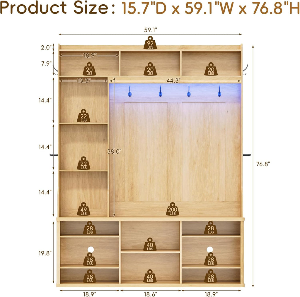 77"H 59"W Hall Tree with Bench and Shoe Storage, Entryway Bench with Coat Rack & 12 Hooks, Smart RGB LED Lighting, Side Umbrella Rails, Large Mudroom Furniture w/Sliding Doors & Rounded Corners, Oak