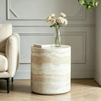 Marble-Effect Cylindrical Side Table Lightweight Fiberglass & Resin Accent Table End Table for Living Room Nightstand for Bedroom Small Drink Table for Corner Spaces (15.75'' Single, Cream)