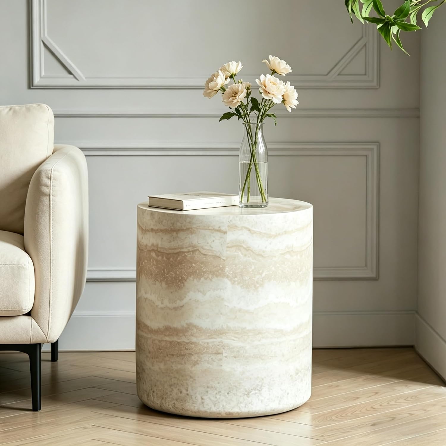 Marble-Effect Cylindrical Side Table Lightweight Fiberglass & Resin Accent Table End Table for Living Room Nightstand for Bedroom Small Drink Table for Corner Spaces (15.75'' Single, Cream)