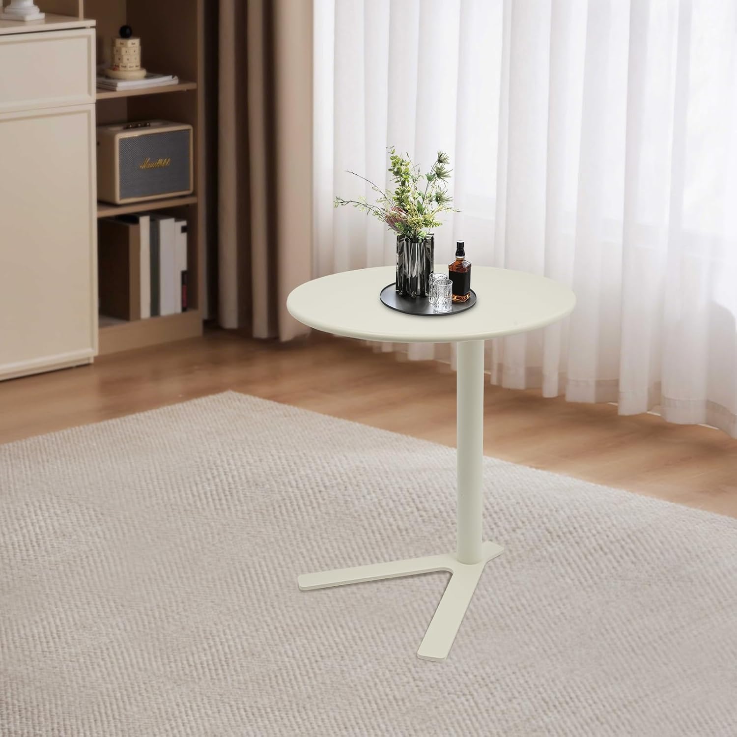 Metal Round Side Table, Modern C Shaped Couch End Table Small Metal Coffee Table with Y-Shaped Base Round Sofa Bedside Table for Home Living Room Bedroom (Frosted White/18.9 * 22in)