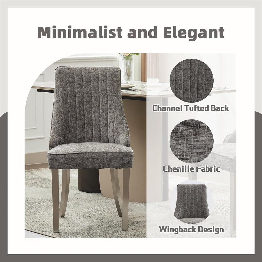 Dining Chairs Set of 4，Modern Channel Tufted Upholstered Dining Chairs with Silver Stainless Steel Legs, Comfortable Chenille Fabric Kitchen Chairs for Dining Room (Grey, 4pc)