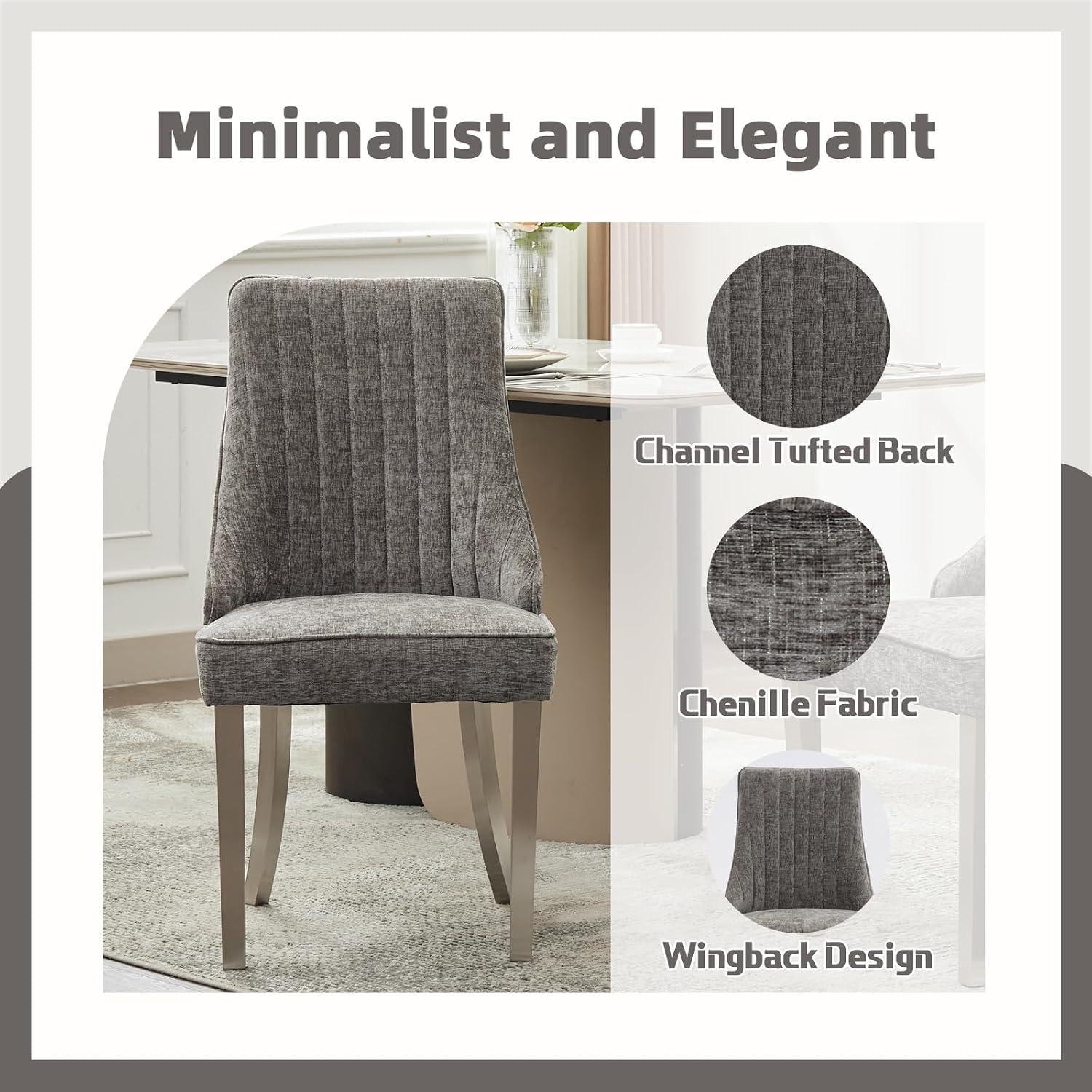 Dining Chairs Set of 4，Modern Channel Tufted Upholstered Dining Chairs with Silver Stainless Steel Legs, Comfortable Chenille Fabric Kitchen Chairs for Dining Room (Grey, 4pc)