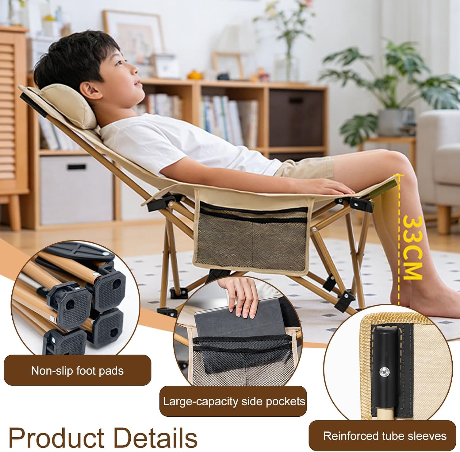 Kids Lounge Chair Outdoor, Metal Frame with Canvas Fabric, Outdoor Folding Deck Chair for Kids Ages 5+, Portable & Lightweight for Lawn, Pool, Garden & Yard(Light Brown)