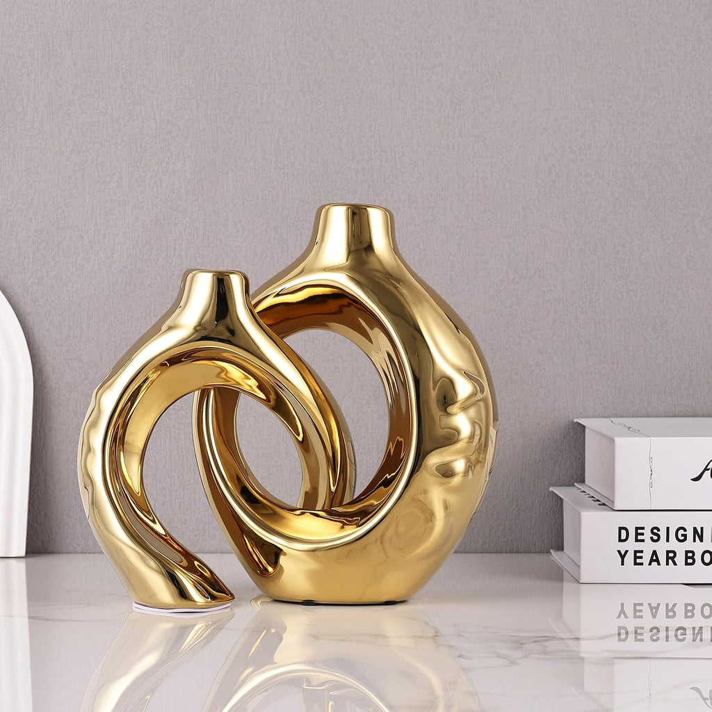 LCCCK Gold Ceramic Vases for Home Decor, Boho Vase for Flowers Pampas Grass Decorative, Hollow Donut Small Vase for Living Room Table Wedding Centerpiece Modern Vases (Gold)
