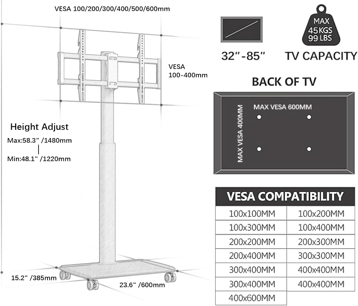 Black Rolling TV Stand for 32 to 55 65 75 85 Inch TVs, Corner TV Floor Stand with Mount, Universal Portable Mobile TV Cart on Wheels, Small TV Stand for Bedroom, Living Room