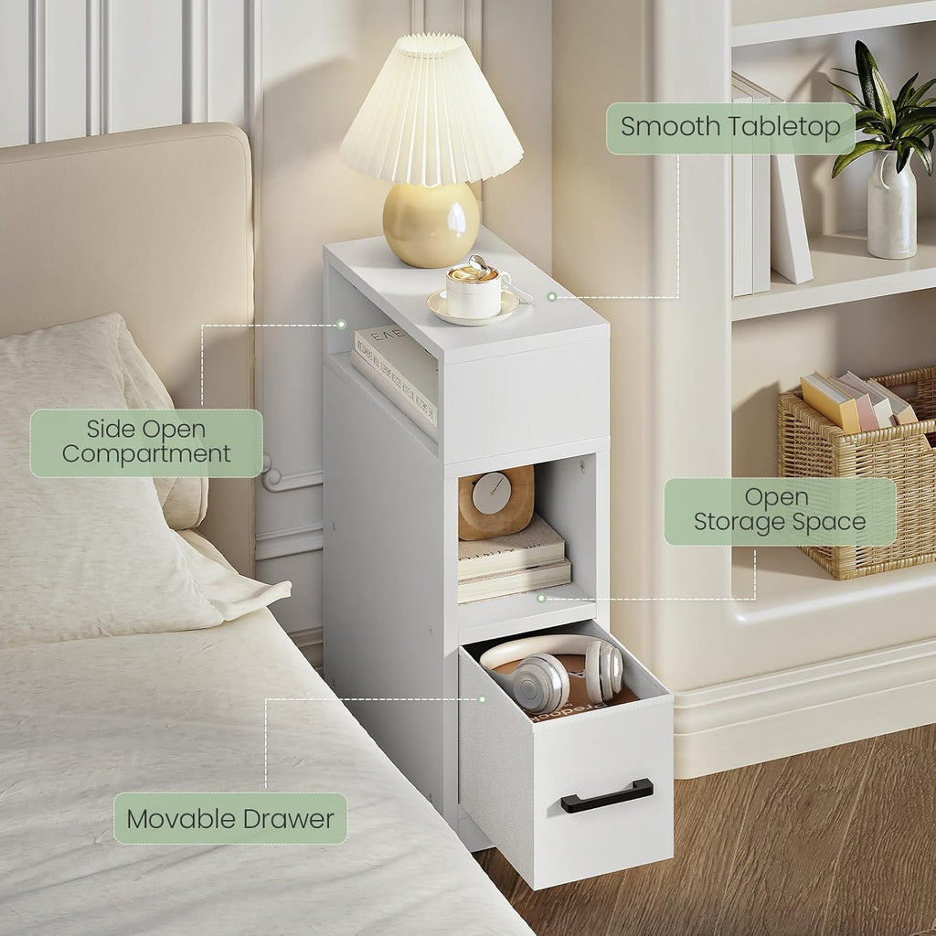 CHOEZON Small Nightstand and Narrow Side Table with Drawers Bundle, Skinny Bedside Table for Small Spaces, Slim Bedside Table for Bedroom, Living Room TBZ09BF-MBZ11WB