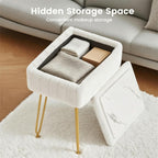 FUXA Vanity Stool Chair with Storage, White Faux Fur Makeup Chair with 4 Metal Legs and Anti-Slip Feet, Soft Padded Seat, Small Footrest Footstool Ottoman, Multifunctional Stool for Bedroom
