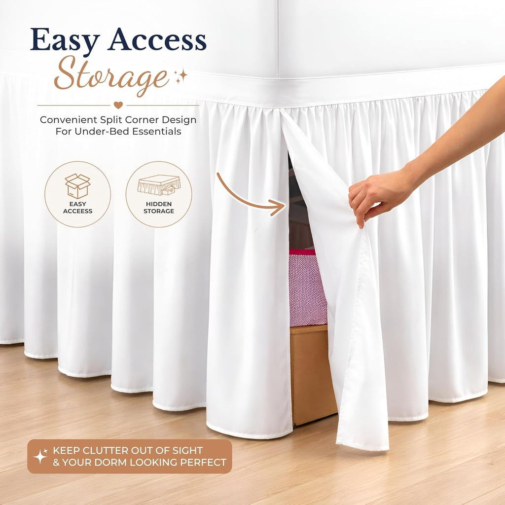 SGI bedding Dorm Bed Skirt Twin XL 32 Inch Drop Length - White, Ruffled Pattern College Dorm Room Bed Skirts - Split Corner, Easy Care, Wrinkle Free 1800 Series Microfiber Bed Skirt