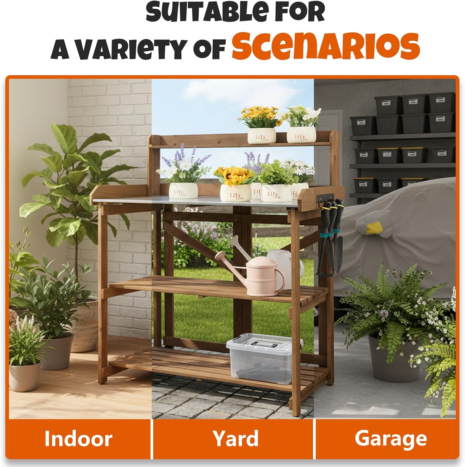 Outdoor Potting Bench Table, Indoor Wooden Work Station with Metal Table Top, Metal Hooks, Large Shelves, Heavy-Duty Gardening Workbench for Garden, Backyard, Patio, BBQ Prep Station, Easy Assembly