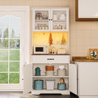 Gizoon 71" H Storage Cabinet with Strip Light, Kitchen Pantry Cabinet with Doors and Drawers, White Hutch with Charging Station and Adjustable Shelves, for Coffee Bar, Dining Room, Table Top-Retro