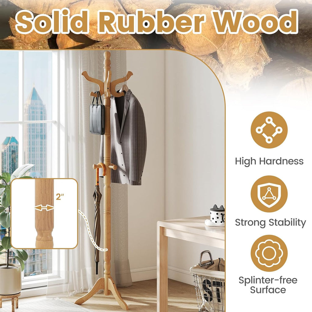 Giantex Solid Wood Coat Rack, Freestanding Hall Tree with 3 Adjustable Heights and 11 Hooks, Rubber Wood Frame, Entryway Hanger Stand, Wooden Garment Rack for Hallway, Living Room (Natural)