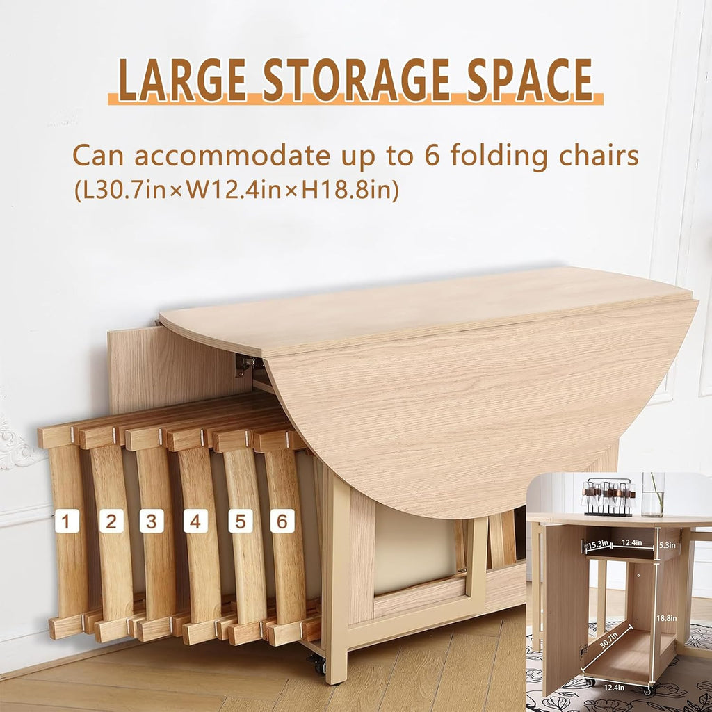 COMUHOME Wood Round Folding Dining Table with 4 Chairs, 47.3" Folding Table and Chairs with Storage Shelf Metal Legs for Home Dining Room Living Room, Space Saving Foldable Dining Table with 4 Chairs