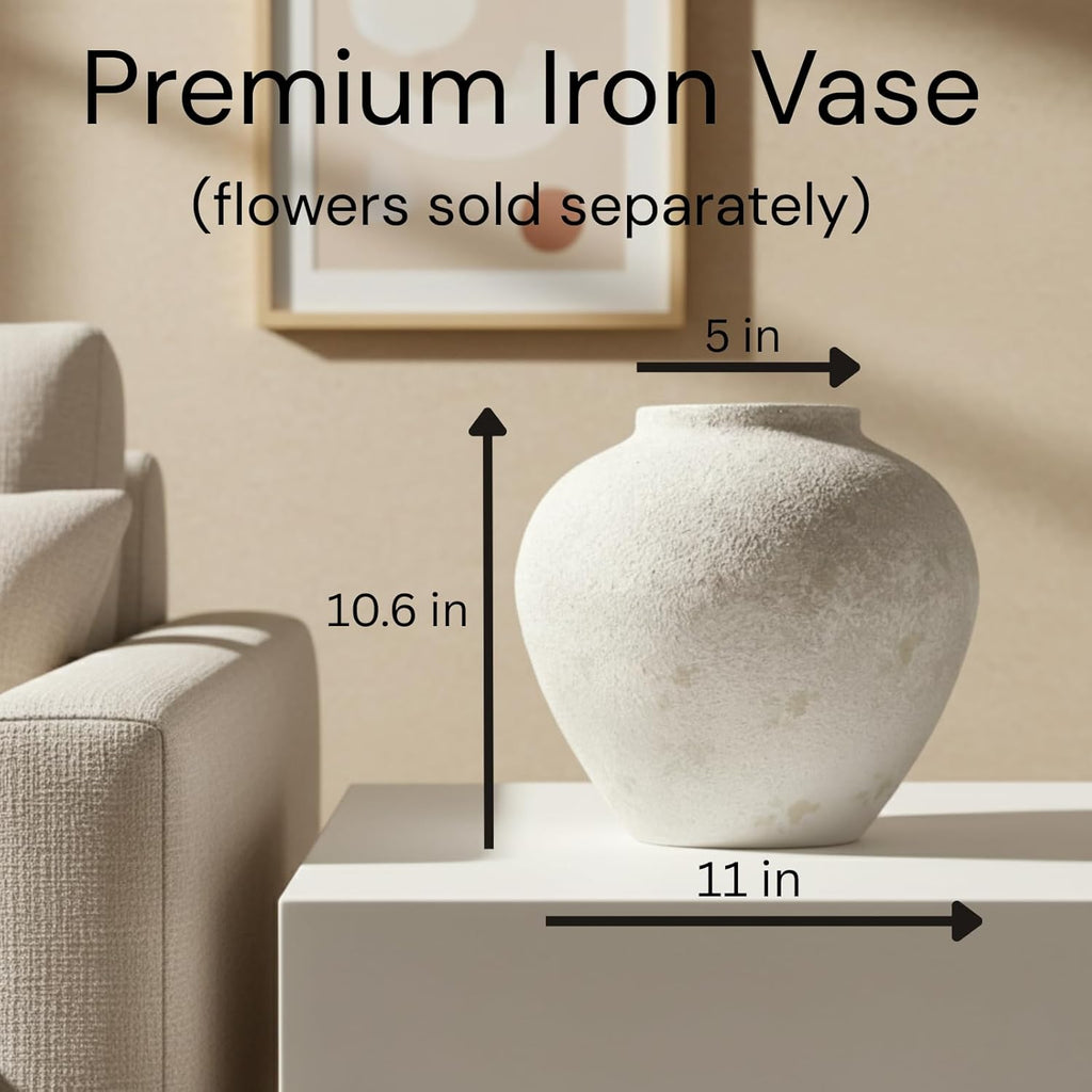 White Rustic Large Round Vase for Table Centerpieces 11 inches, Arina Vase, Earthy Stone Look, Textured, Modern Homes Farmhouse Centerpiece Decor