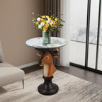 Deer Head Accent Table with Resin Animal Statue, Round Faux Marble End Tables for Living Room, Bedroom or Cabin, Bold Animal-Inspired Decorative Side Tables, Sturdy Accent Furniture for Home Décor