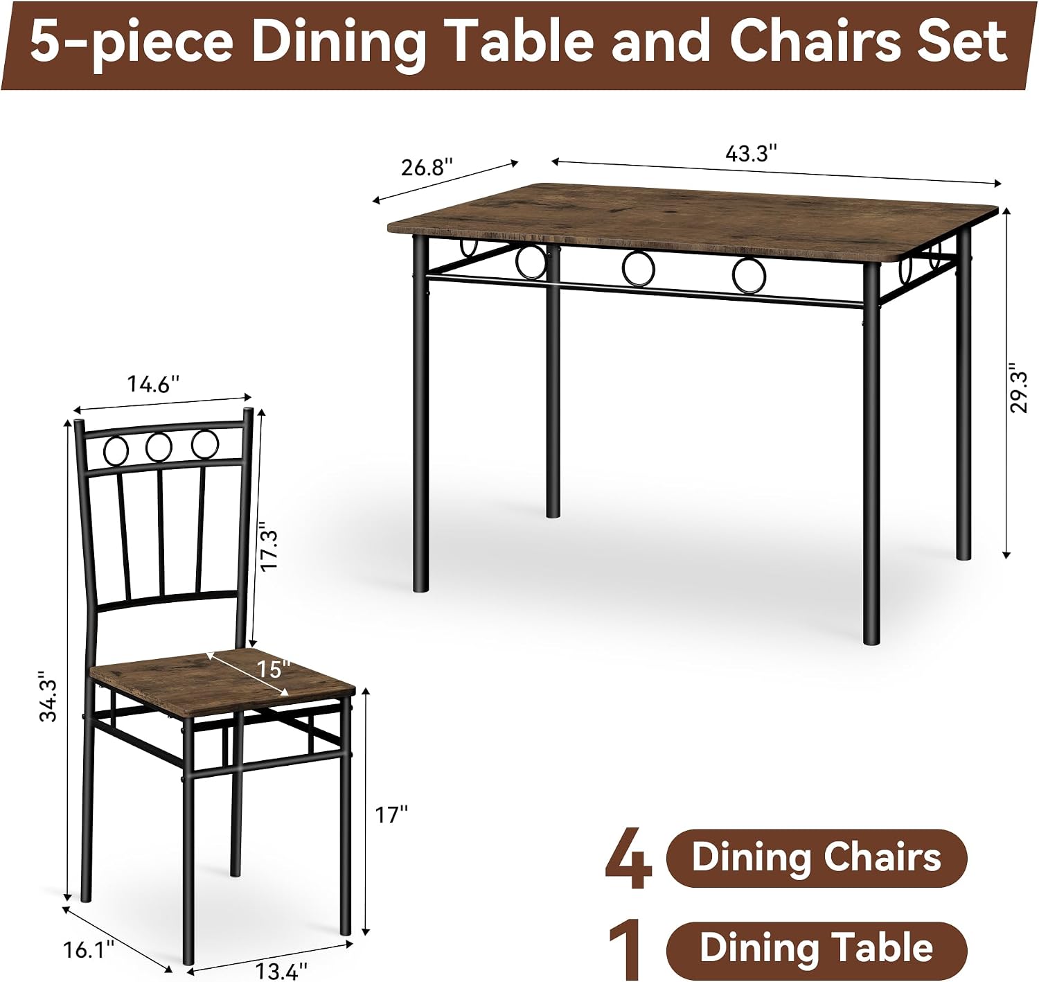 Vipbear Kitchen Dining Table Set for 4, 5-Piece Kitchen Table Set,Dining Room Table Sets,Rectangular Kitchen Table Set with 4 Chairs for Small Space, Dinette,Apartment,Rustic Brown