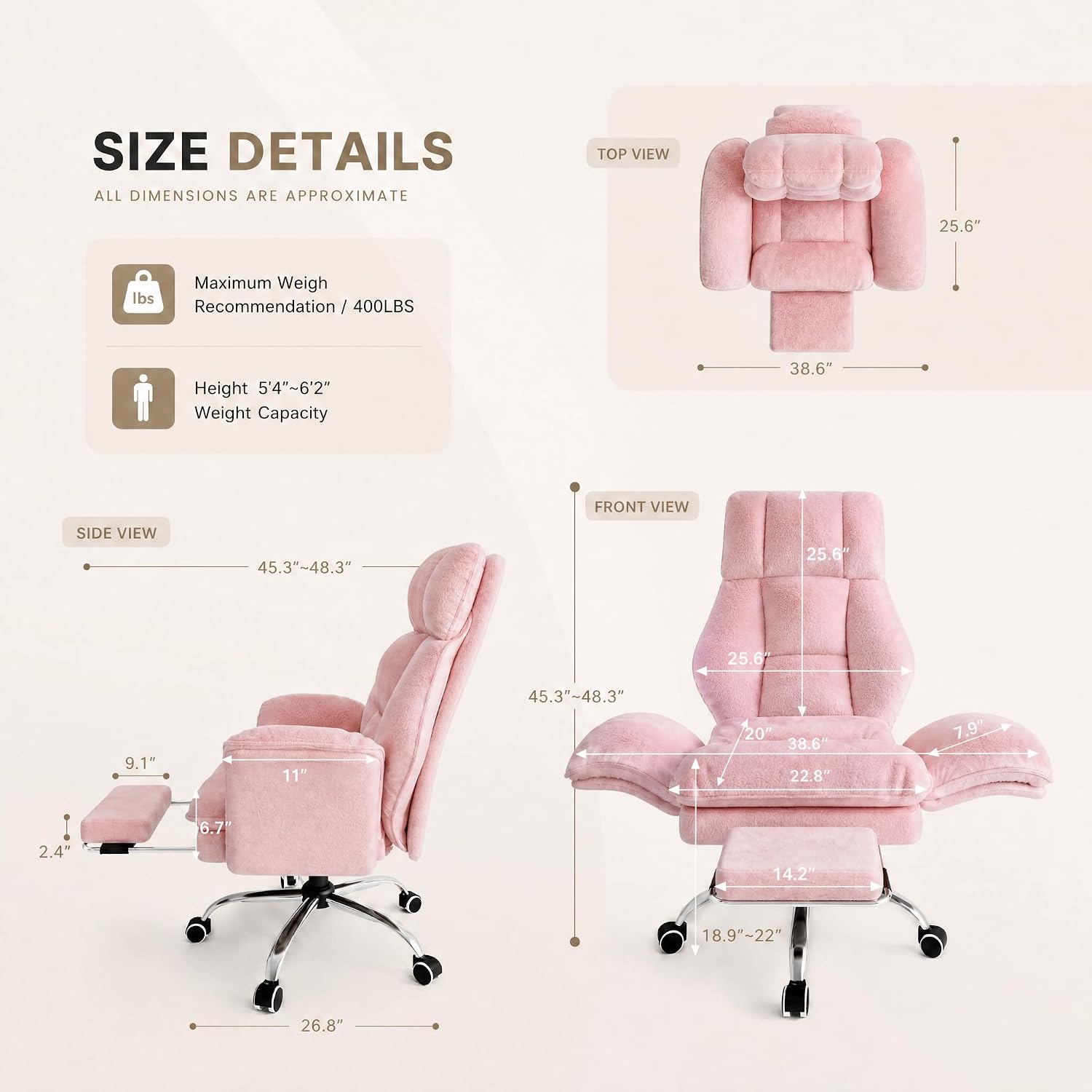 Big & Tall Office Chair, Wide Seat for Cross Legged Sitting & Pets, Teddy Fleece Reclining Chair w/Foot Rest, 400lbs Gaming Vanity Chair, 4 Colors