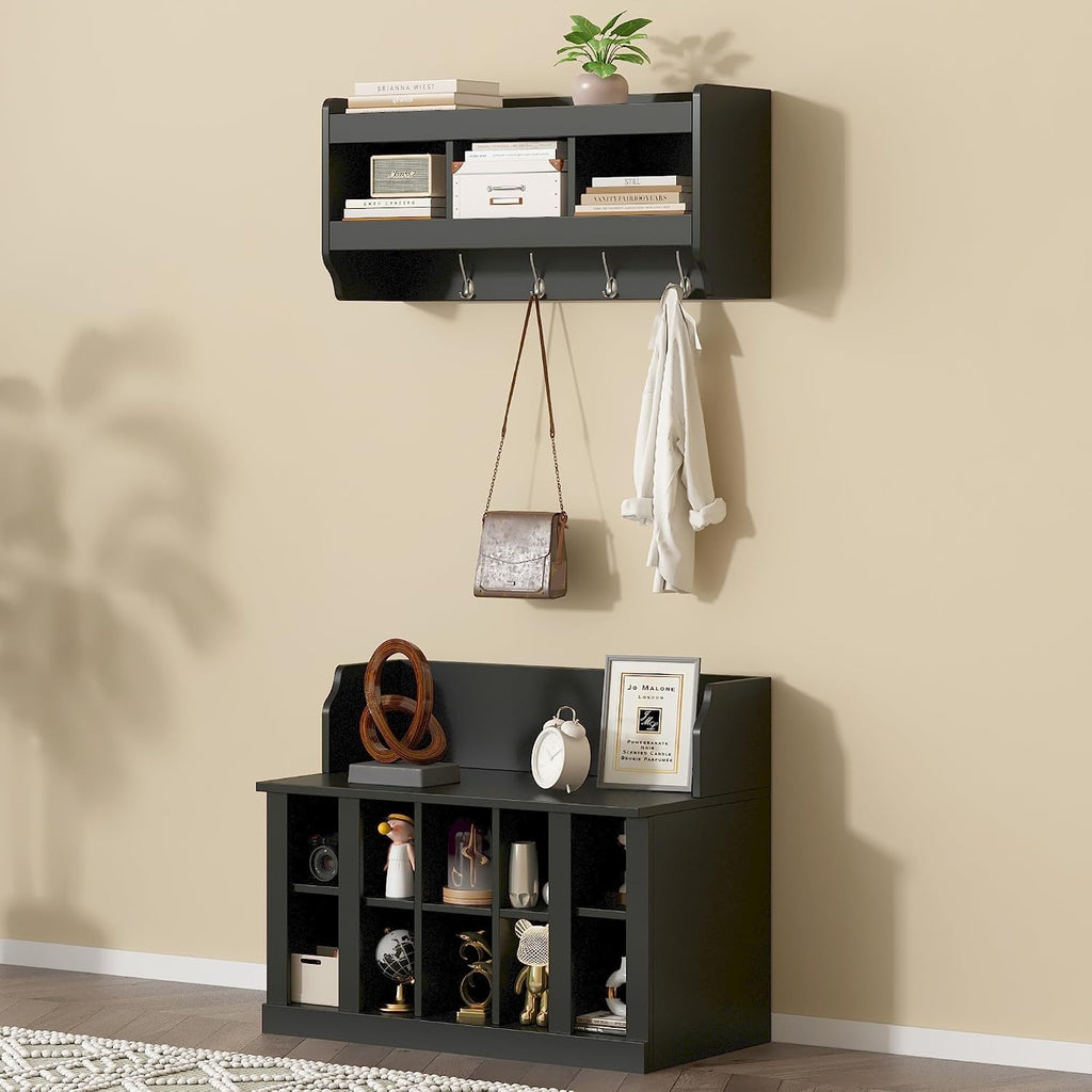 Shoe Storage Bench with Shelves and 4 Hooks, Elegant Hall Tree with Shoes Cubbies and Wall Mounted Coat Rack, Entryway Organizer For Hallway, Foyer, Mudroom, Black