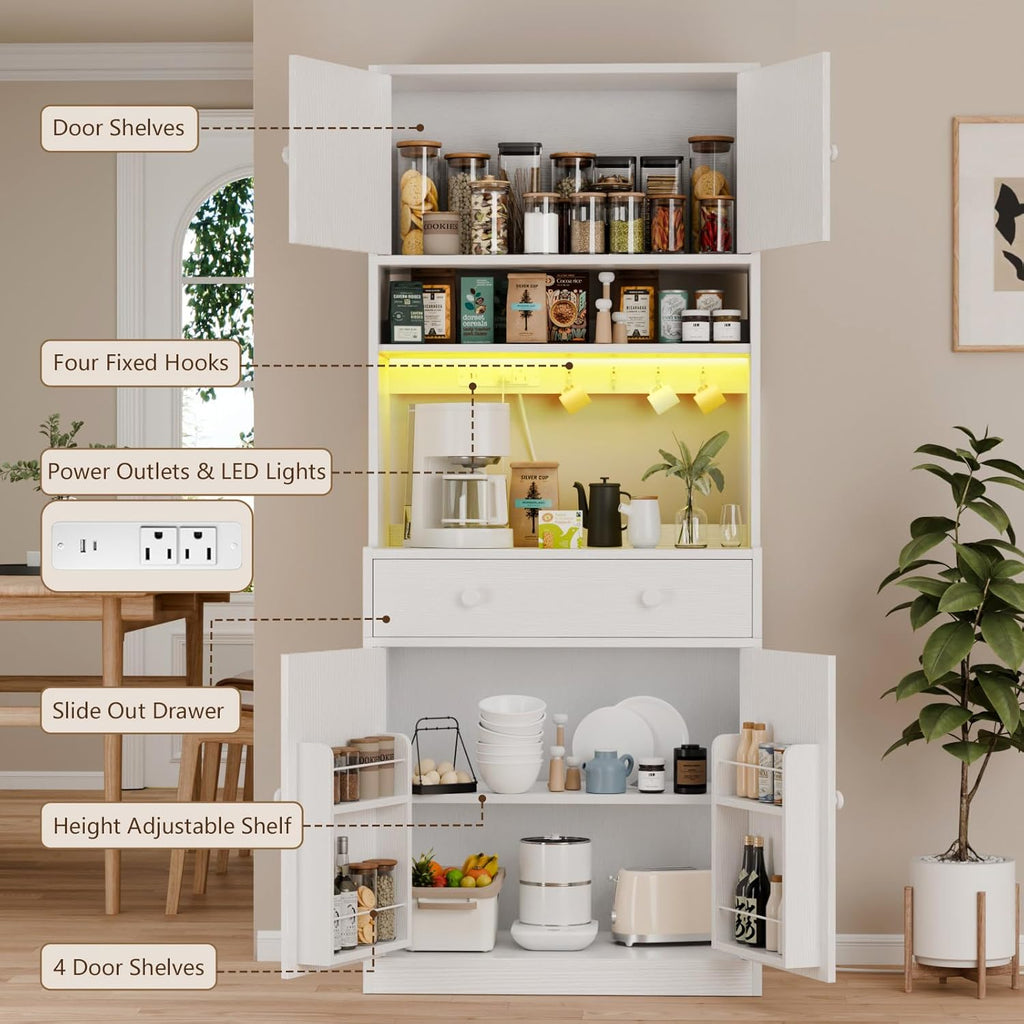 Korfile 71" Tall Kitchen Pantry Storage Cabinet with Power Outlet & LED Light, Freestanding Food Pantry Cabinet with 4 Doors and Shelves, Cupboard with Drawer, Hutch with Microwave Stand, White