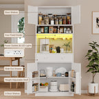 Korfile 71" Tall Kitchen Pantry Storage Cabinet with Power Outlet & LED Light, Freestanding Food Pantry Cabinet with 4 Doors and Shelves, Cupboard with Drawer, Hutch with Microwave Stand, White