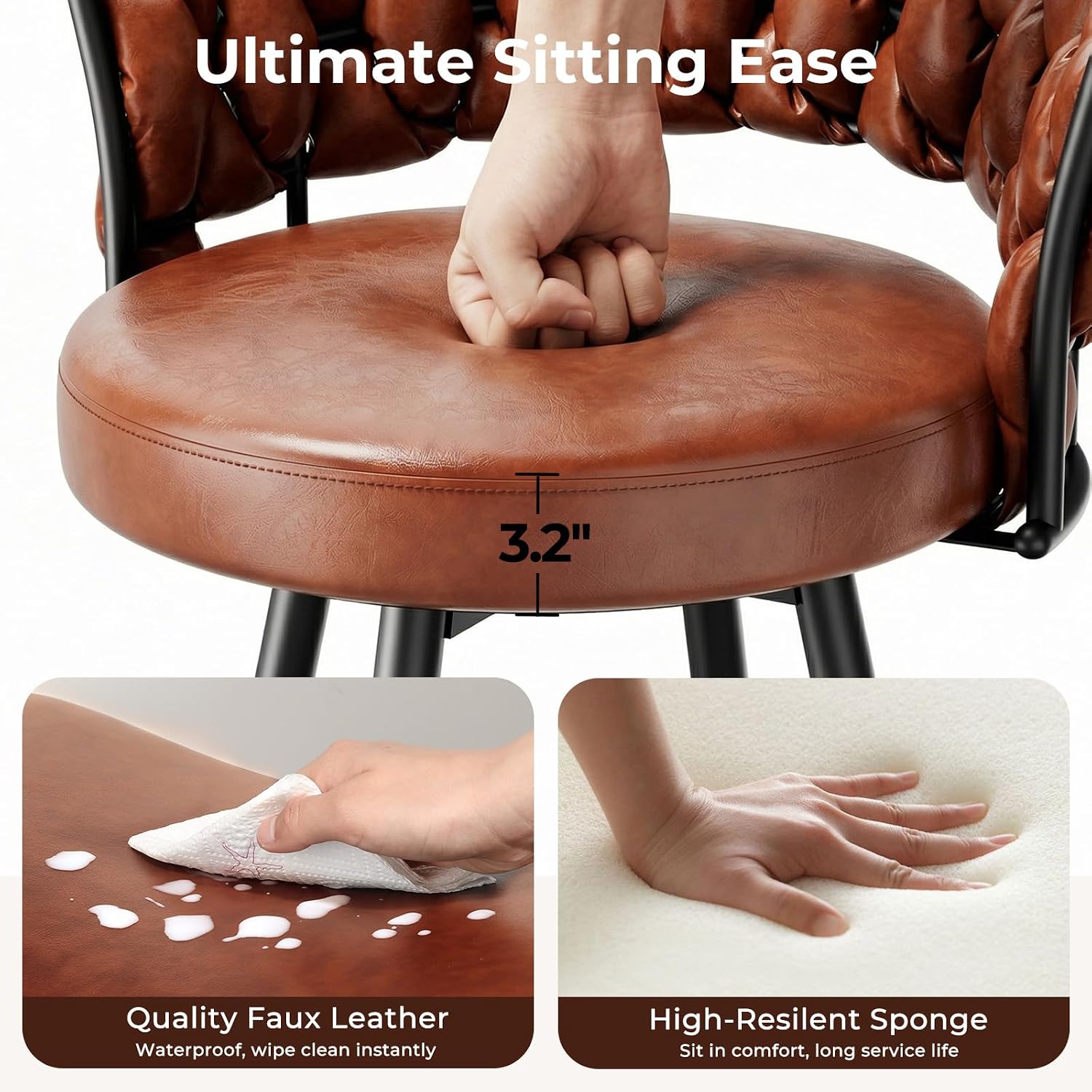 26" Counter Height Bar Stools Set of 2, Premium Faux Leather Barstools with Woven Backs Support & Heavy Duty Metal Legs, Upholstered 360°Swivel Bar Chairs for Kitchen Counter, Easy Assembly, Brown