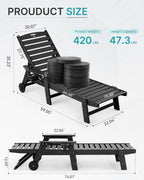 Patio Chaise Lounge Chair Set of 2, Oversize Lounge Chairs with Wood Texture& Rolling Wheels, HDPE 6-Position Plastic Lounge Chairs for Poolside, Patio, Deck, Beach,Black