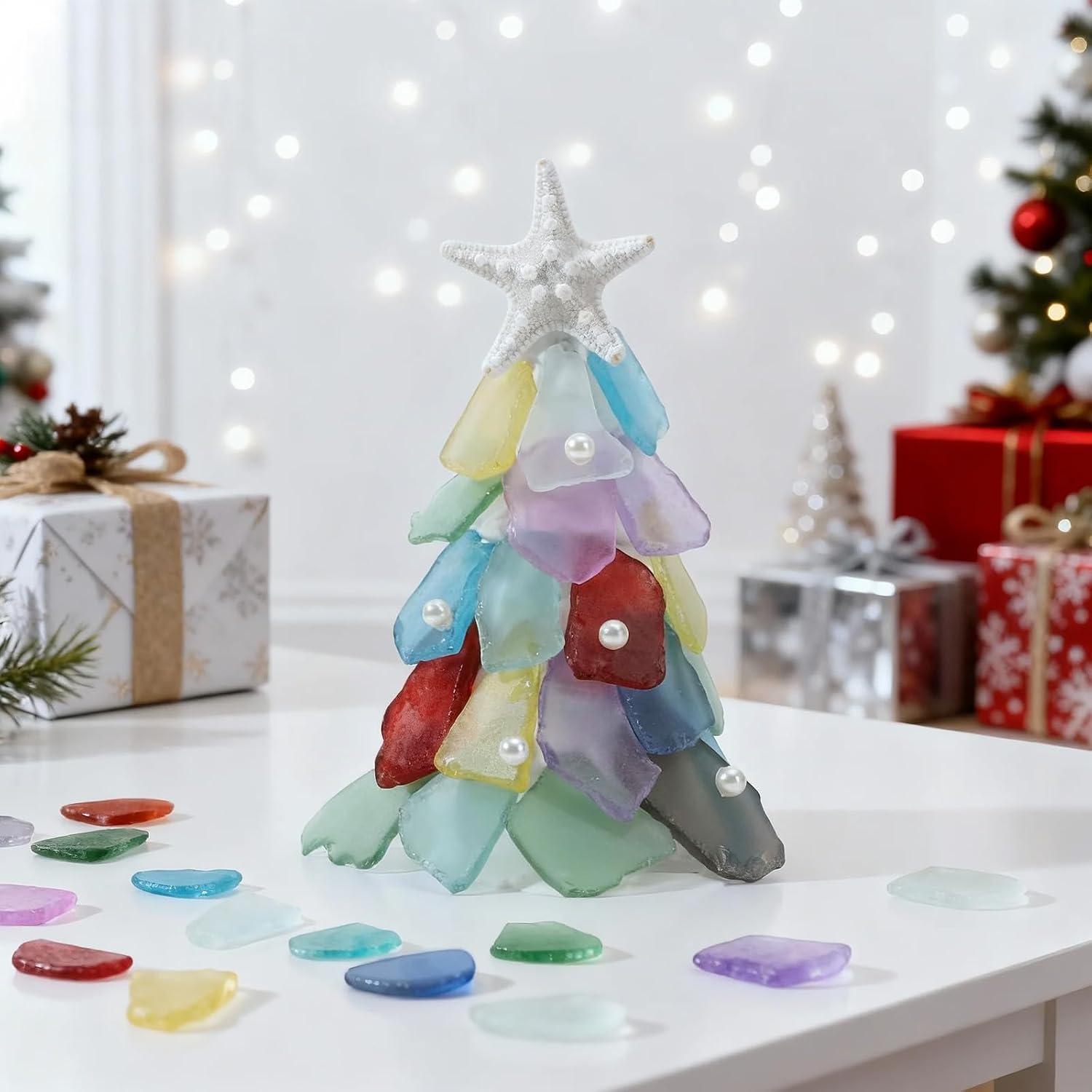 SUREAM Colorful Bulk Sea Glass, 13oz Sea Glass Christmas Tree Kit, Glass Stones for Beach Wedding Party Home Aquarium Decor and DIY Art Craft Supplies