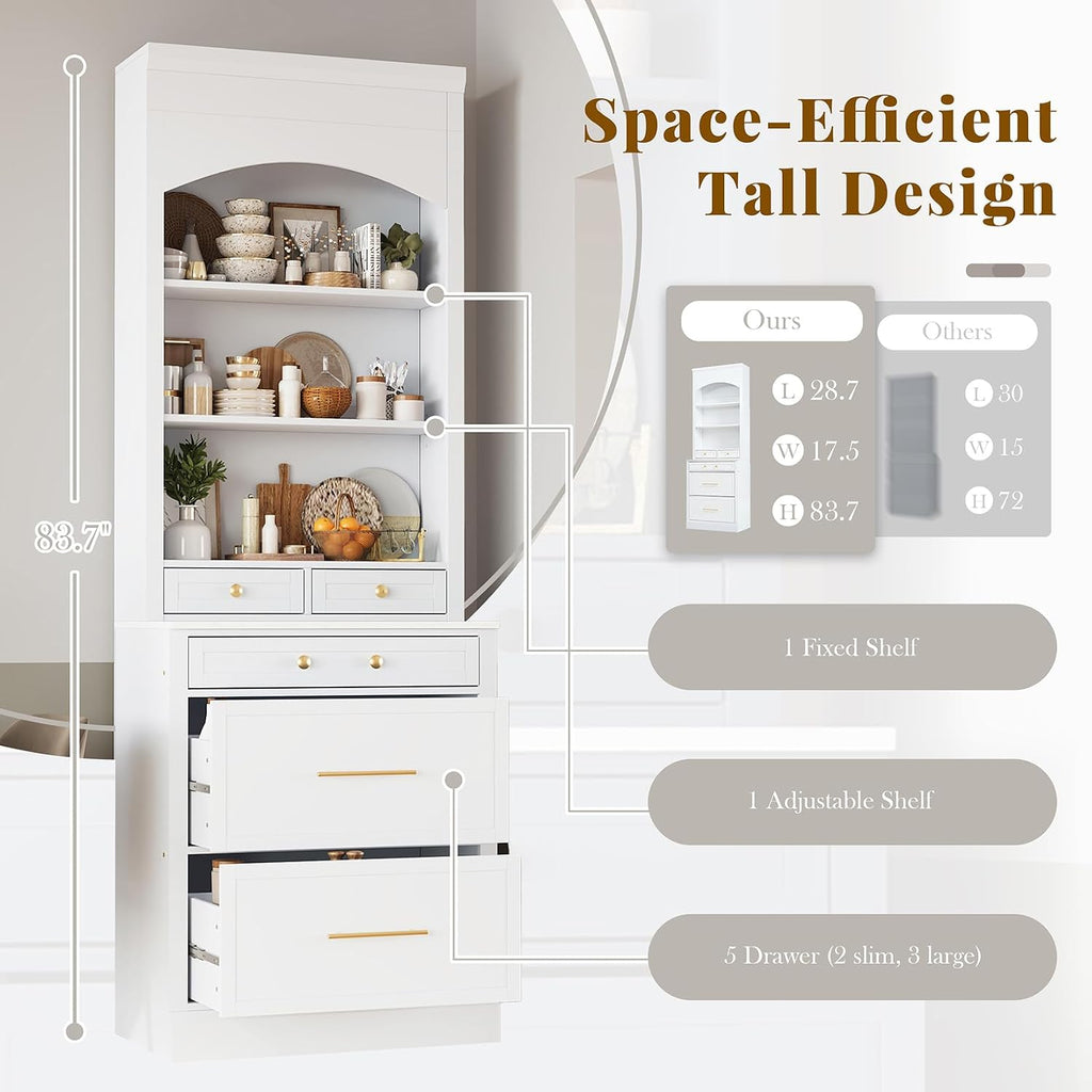 83.7inch High Modern Utility Kitchen Pantry, Freestanding Tall Kitchen Hutch with Storage, Larder Cupboard Cabinet with 5 Storage Drawers and Adjustable Shelf for Dining Room, Living Room