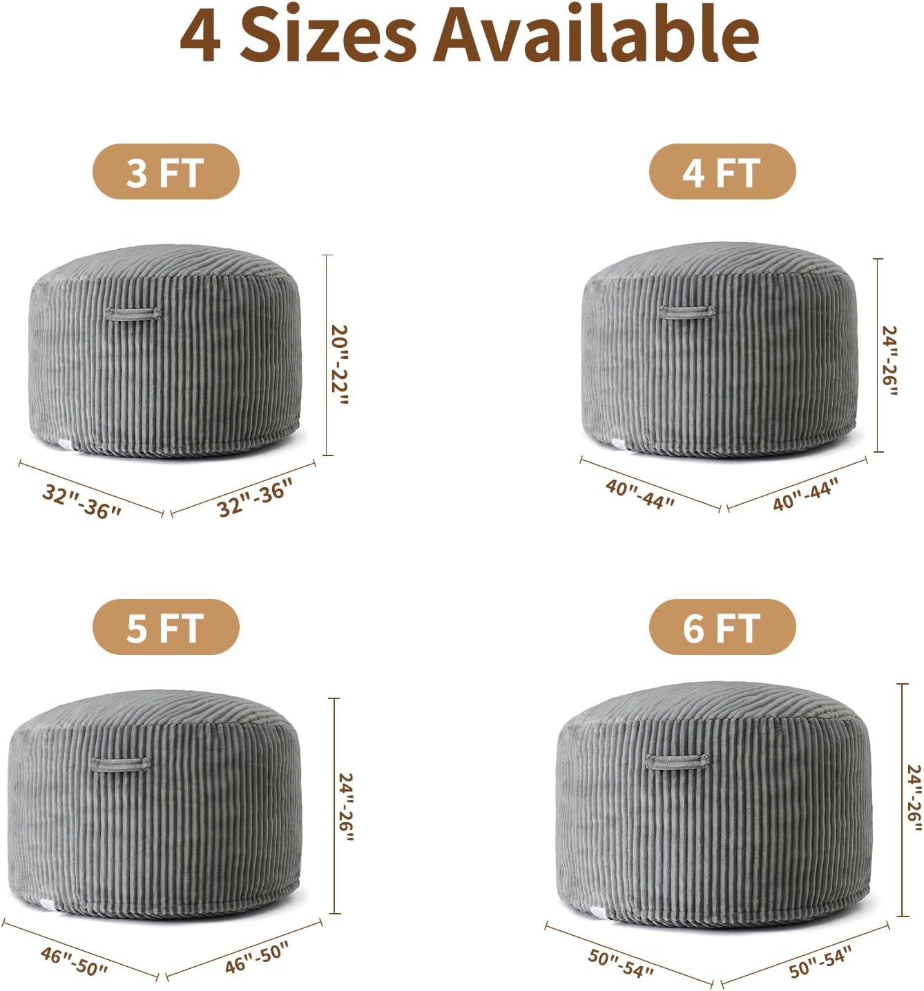 3FT Bean Bag Chairs for Adults, Medium Memory Foam Beanbags with Machine-Washable Wide Stripe Plush Cover Bean Bag Chair for Living Room Bedroom Dorm Office-Ash Grey