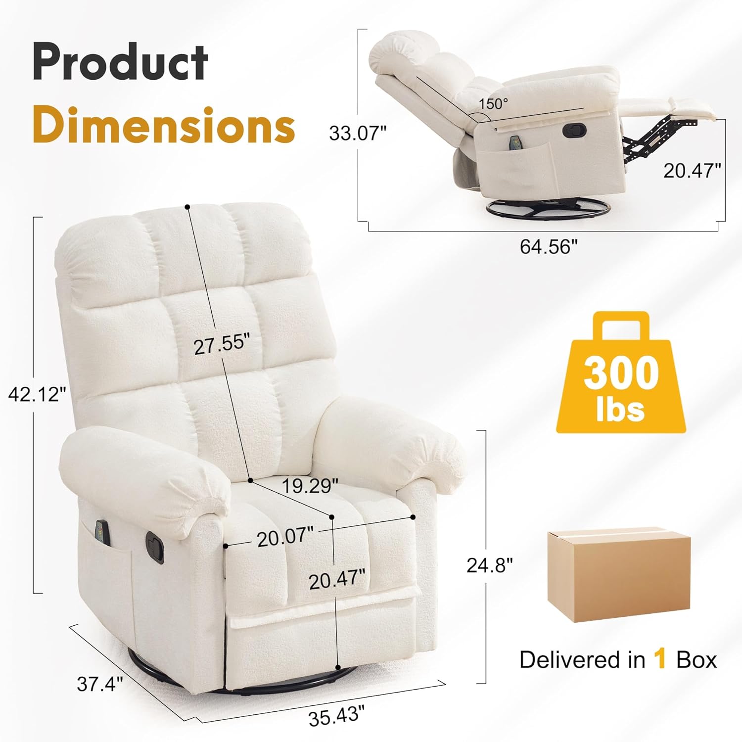Korser 360° Swivel Rocker Recliner Chair, Rocking Chair Nursery with Massage and Heat, Small Recliners for Small Space, Manual Reclining Chair with Cozy Chenille Fabric, Side Pockets for Living Room