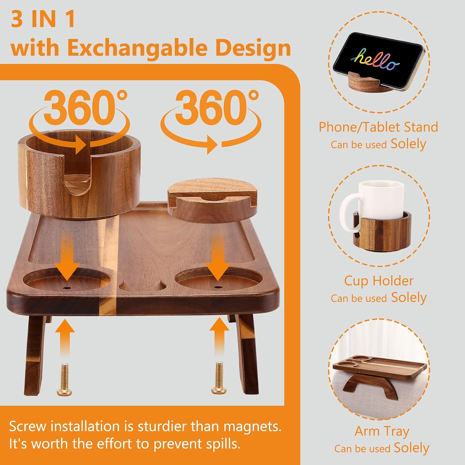 Couch Armrest Table Acacia with 360°Rotating Phone & Cup Holders,15.4" x 9.8", 3-in-1 Couch Arm Tray Clip-On Couch Tray for Drinks & Snacks