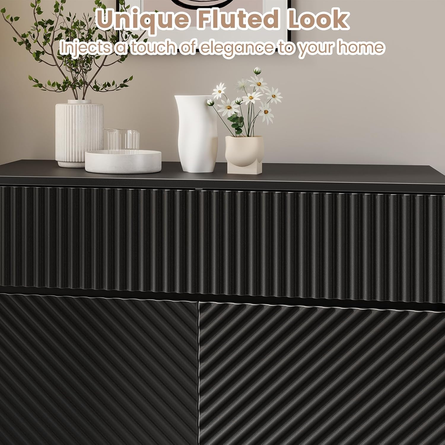 Giantex Buffet Cabinet with Storage, 32" Wide Coffee Bar Console Table with 2 Doors and 1 Drawer, Sideboard Credenza, Modern Fluted Storage Cabinet for Kitchen, Dining Room, Living Room (1)